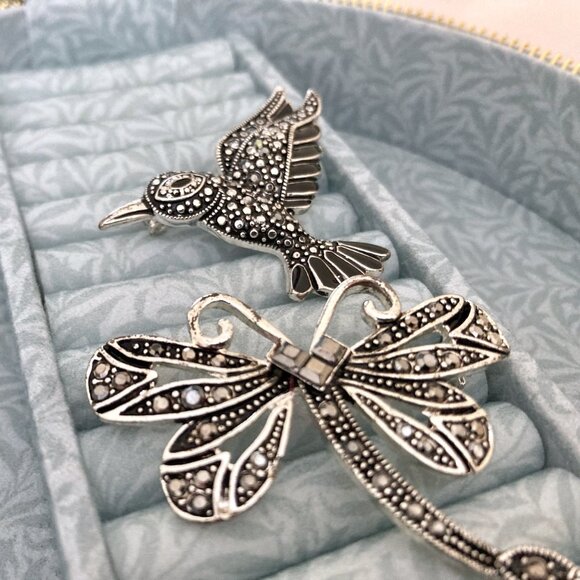 Silver Tone and Black Hummingbird and Dragonfly Brooches - Picture 2 of 5
